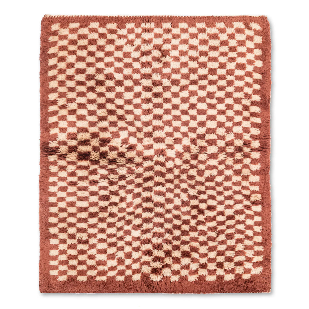 Red Checkerboard Moroccan Shag Wool Rug 8x10, Handmade Berber Style, Rich Terracotta and Cream Plaid, Perfect for Boho Interiors