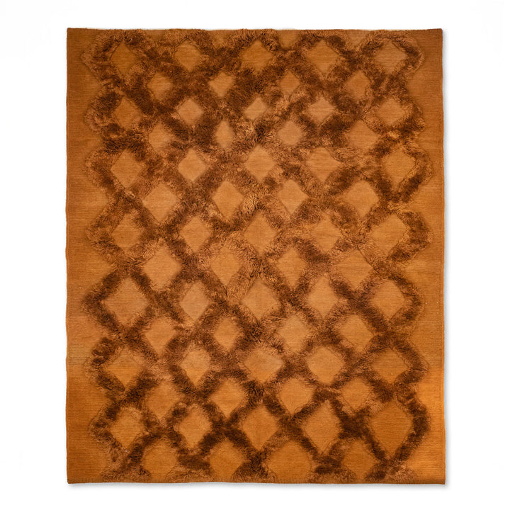 Rust Brown Moroccan Beni Mrirt rug with diamond design in plush wool, ideal for modern or rustic interiors.