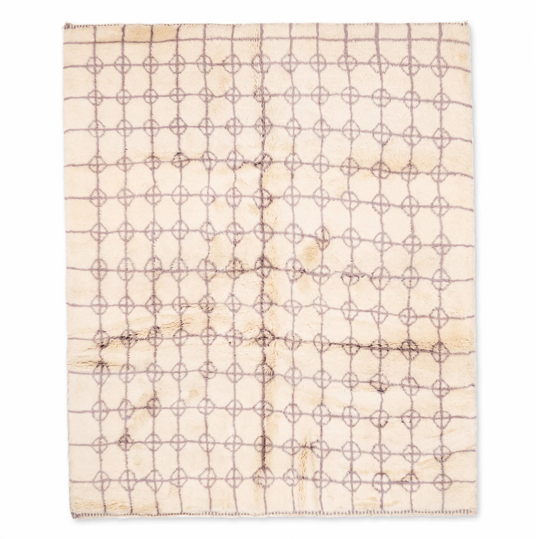 Soft Beni Ourain Moroccan rug with lavender diamond circles, handmade wool carpet, perfect for boho and earthy palettes.