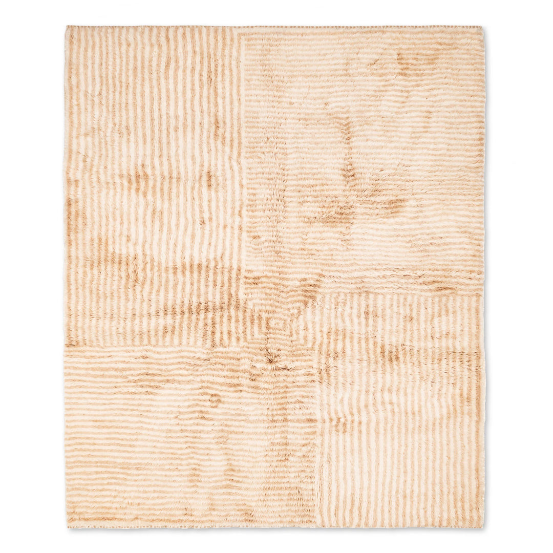 Striped Beni Mrirt Moroccan wool rug with checkered pattern, handwoven by Berber artisans, ideal for contemporary interiors.