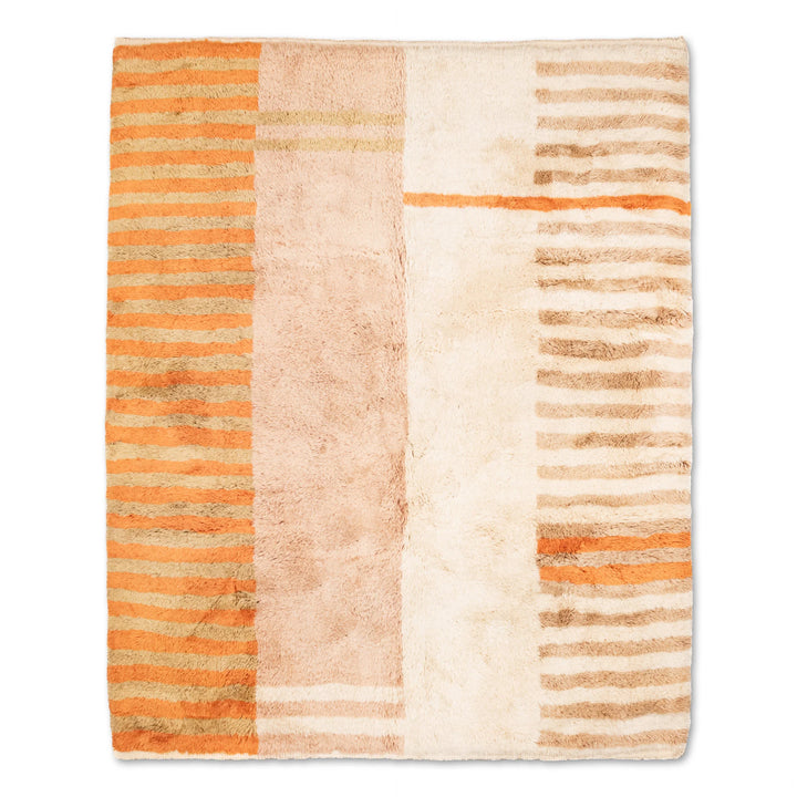 Striped Beni Mrirt rug in orange, beige, and cream, handwoven Moroccan design in wool, ideal for modern interiors.