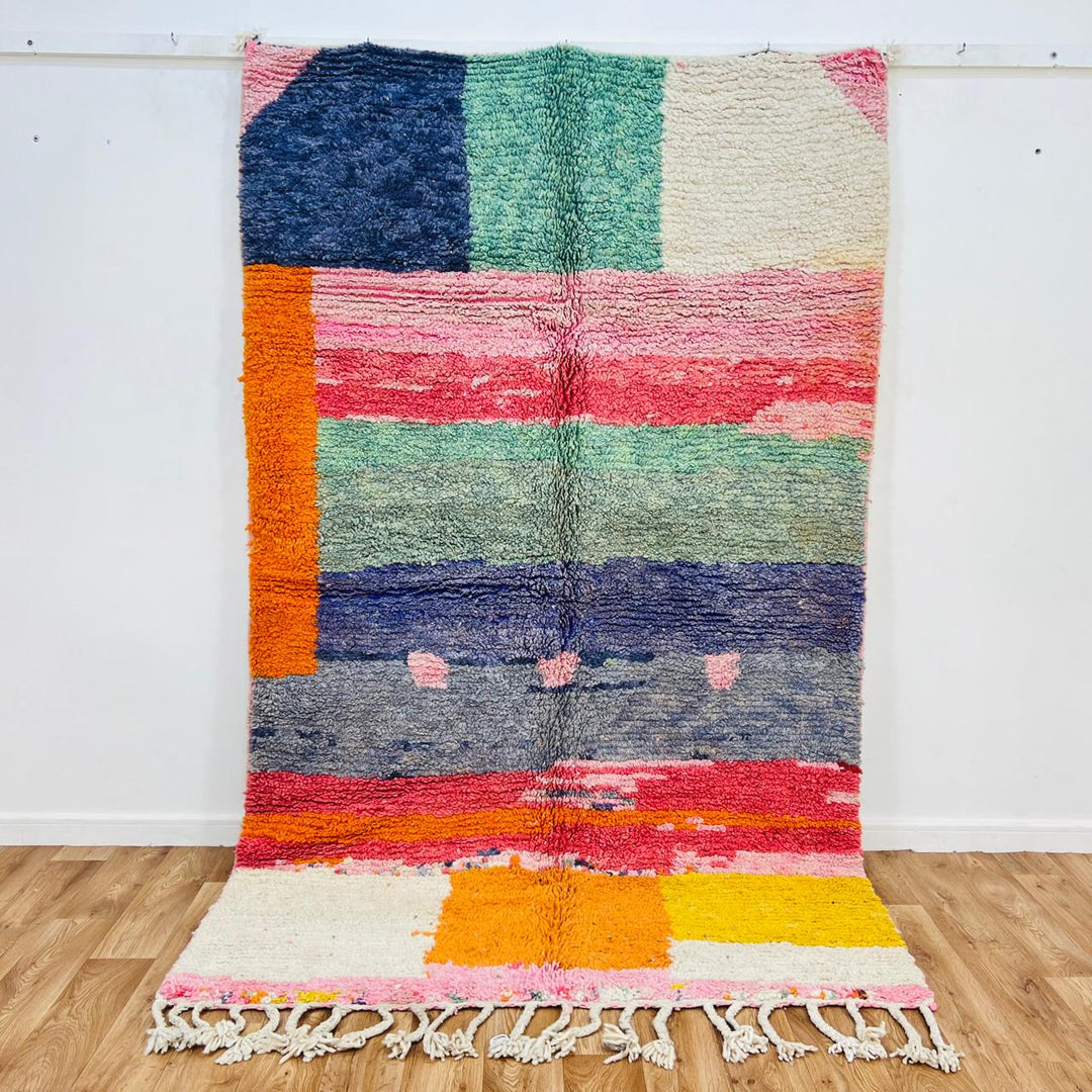 Vintage Moroccan wool rug 688 handmade Berber rug with colorful horizontal stripes in blue, pink, orange, and mint green.