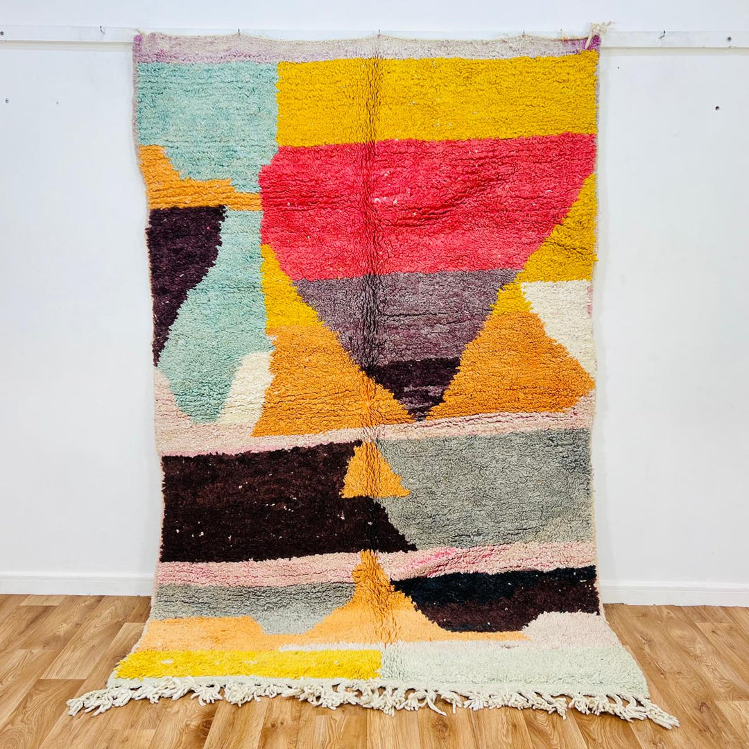Abstract vintage Moroccan wool rug 719 handmade Berber with colorful geometric shapes in orange, red, and turquoise.
