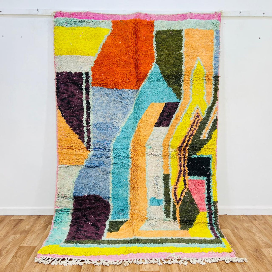 Vintage Moroccan wool rug 607 handmade Berber rug with modern abstract color blocks in turquoise, orange, yellow, and pink.