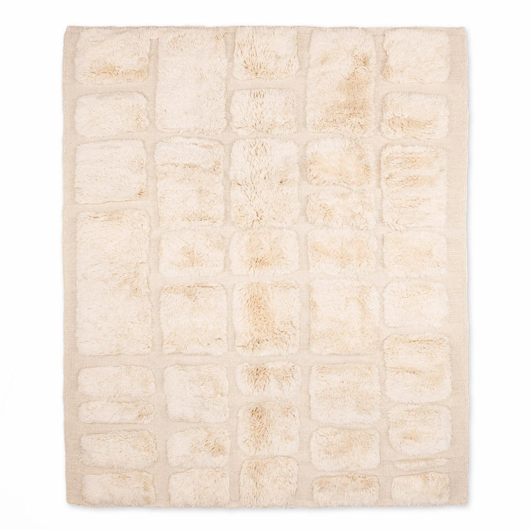 White Check Grid Moroccan Wool Rug, Handmade Berber Carpet with Plush Texture, Traditional Moroccan Style 8x10.