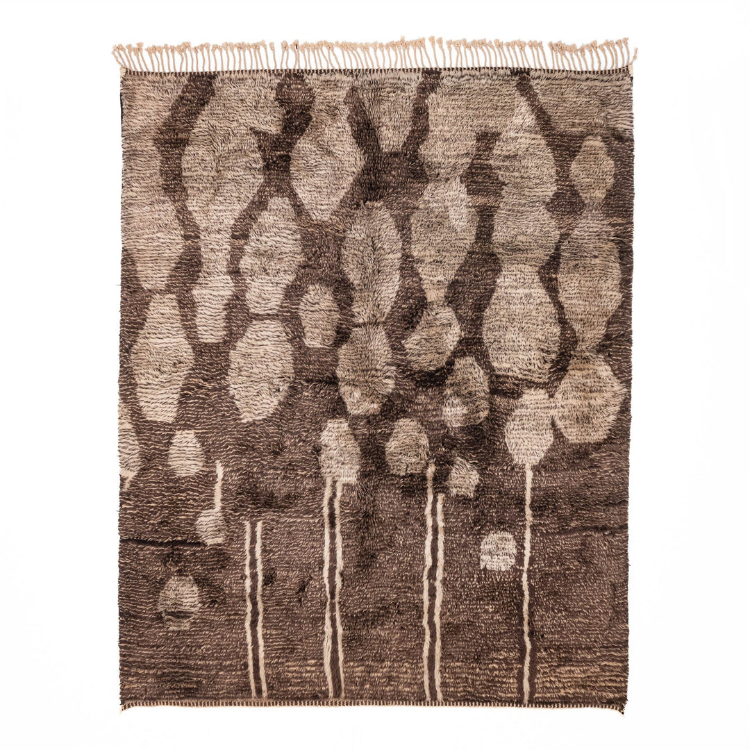 Handwoven Beni Mrirt wool rug from Morocco with organic bubble motif in ivory and brown earth tones, Moroccan Berber carpet.