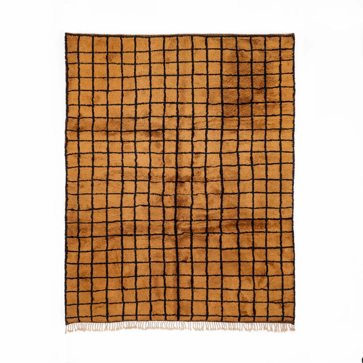 Custom Beni Mrirt Moroccan wool rug with golden grid pattern, handmade in Morocco, perfect for adding texture and warmth to any room.