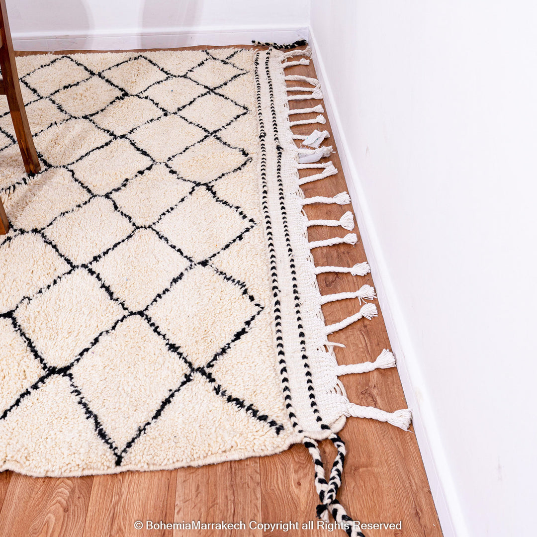 Handwoven Beni Ourain Moroccan rug in black and white wool with geometric diamond pattern