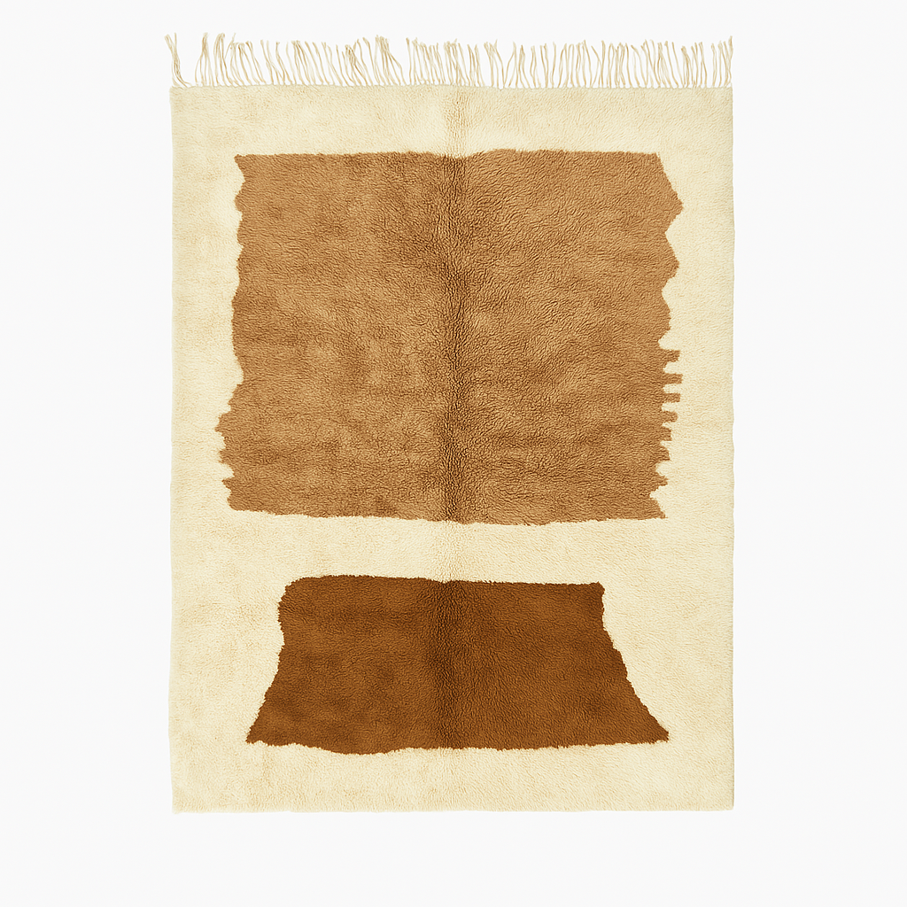 Sahara Brown Moroccan Wool Rug with abstract modern art design, handmade in Morocco, featuring organic shapes in warm tones.