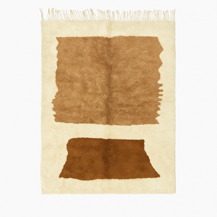 Sahara Brown Moroccan Wool Rug with abstract modern art design, handmade in Morocco, featuring organic shapes in warm tones.