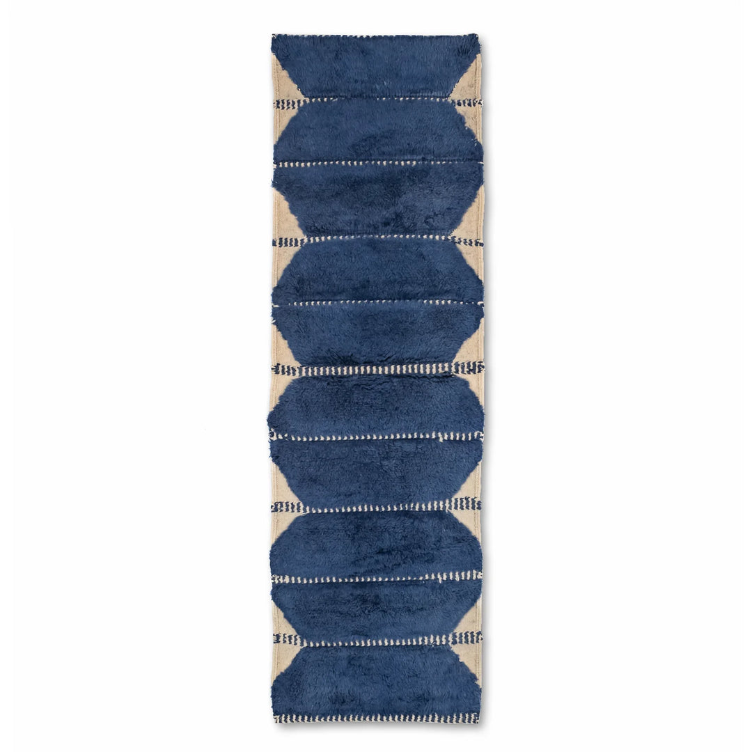 Blue Moroccan runner rug with geometric patterns, handmade wool carpet, traditional style, perfect for hallways or entryways.