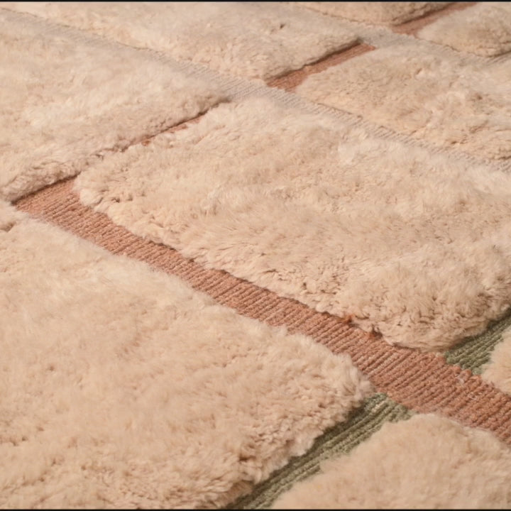 Close-up of hand-knotted geometric Beni Mrirt wool rug in beige, terracotta, and sage tones, Moroccan berber design.