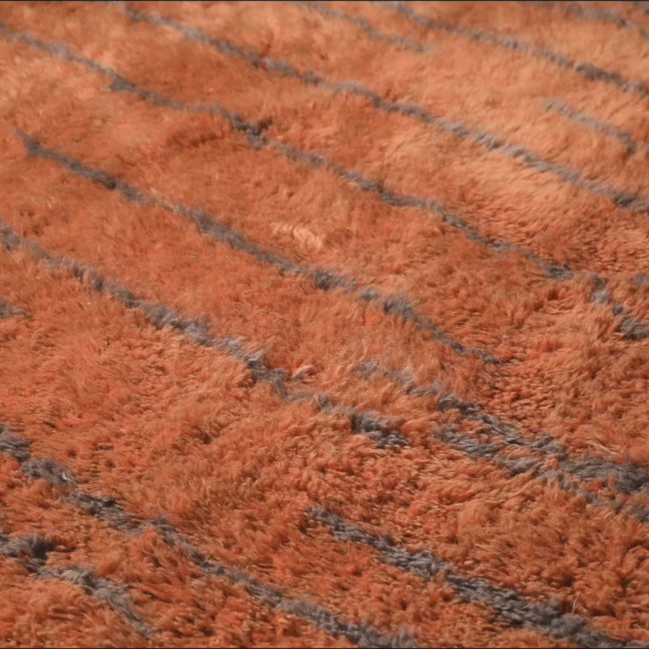 Custom Beni Mrirt rug with warm wool base and vertical lines, handwoven Moroccan Berber carpet, ideal for contemporary interiors.