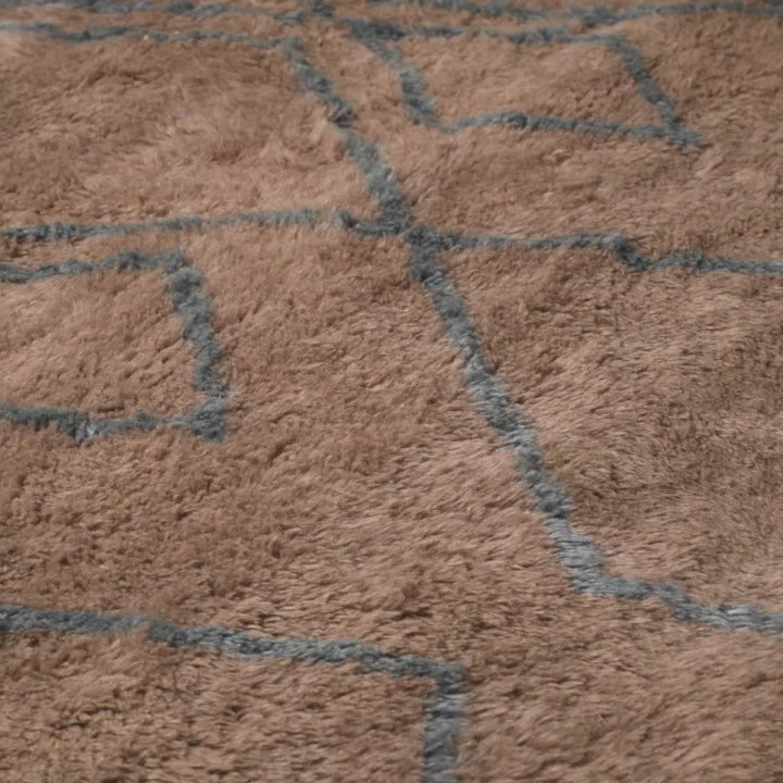 Handmade Moroccan rug with traditional Berber diamond pattern, brown and blue colors, moroccan wool rug ideal for contemporary decor