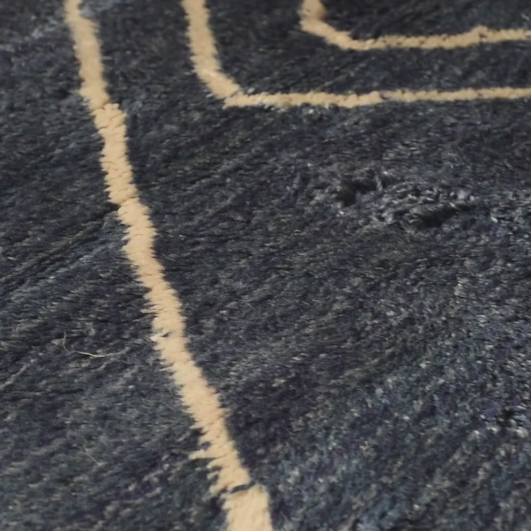 Blue Moroccan Beni Mrirt Rug with ivory geometric patterns, handwoven wool luxury rug from Morocco.