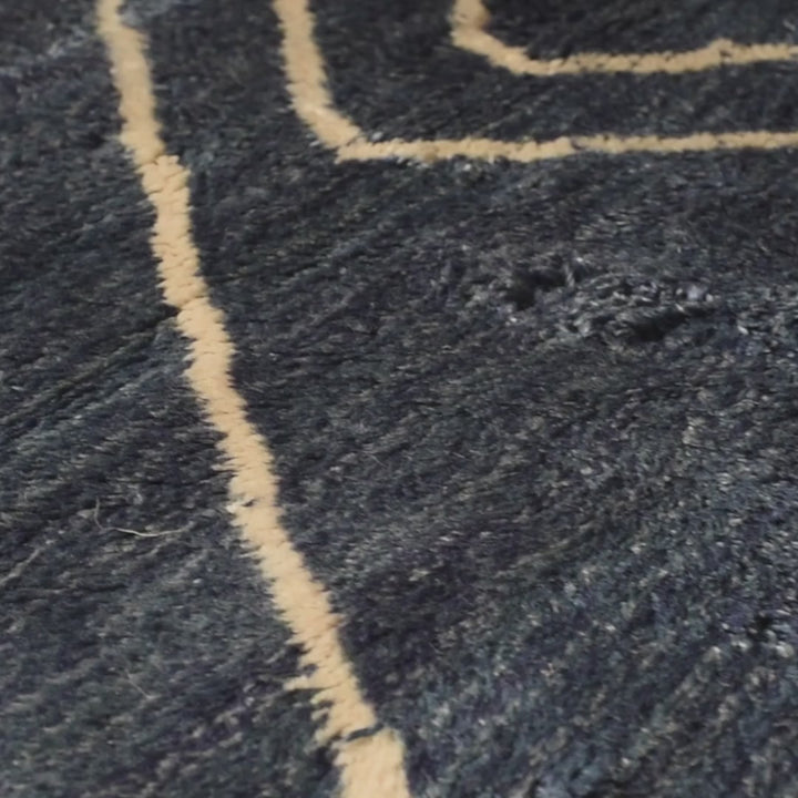 Blue Moroccan Beni Mrirt Rug with ivory geometric patterns, handwoven wool luxury rug from Morocco.