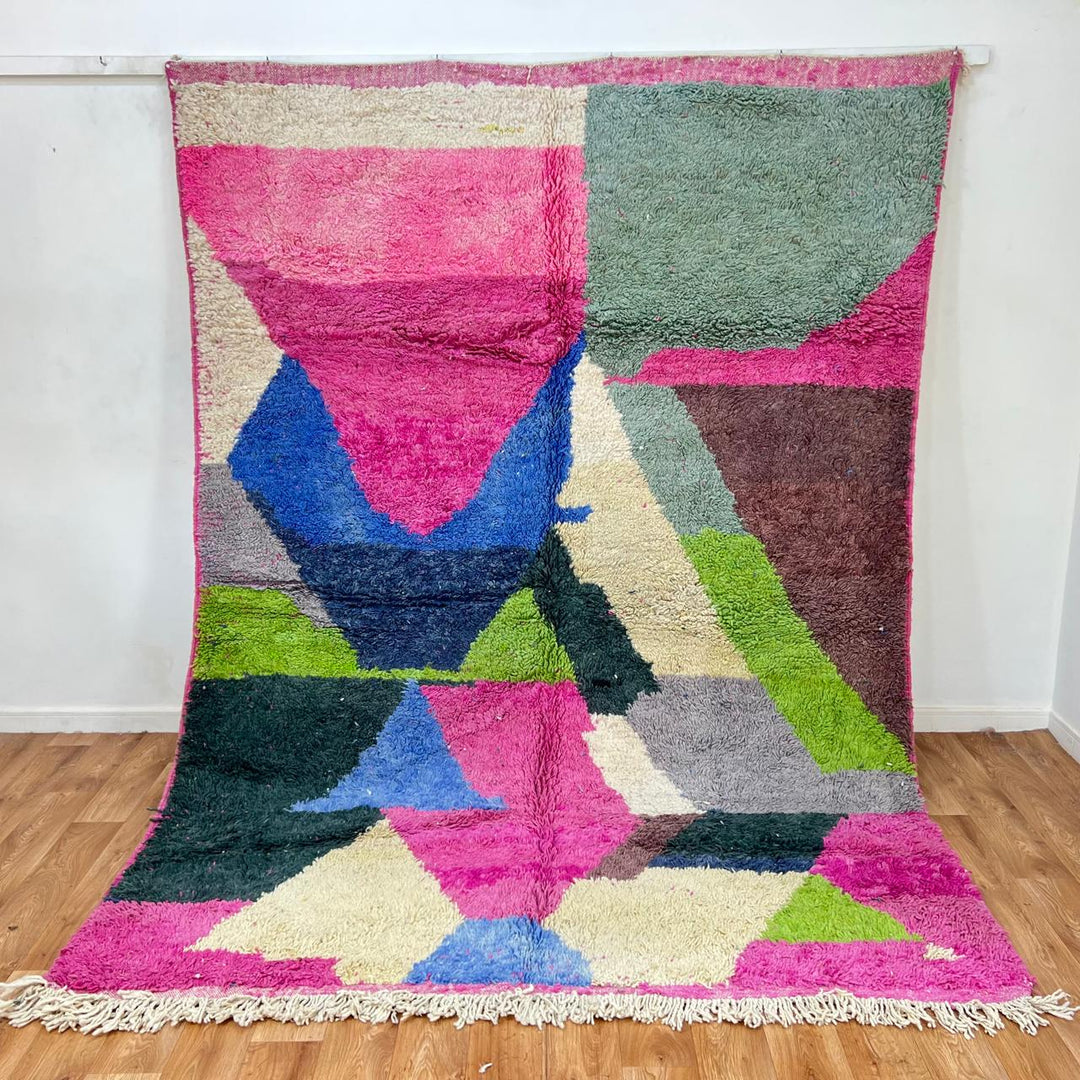 Vintage Moroccan wool rug 853 – handmade geometric wool carpet in pink, blue, green, and cream tones, 287 × 209 cm (9.41 × 6.86 ft).