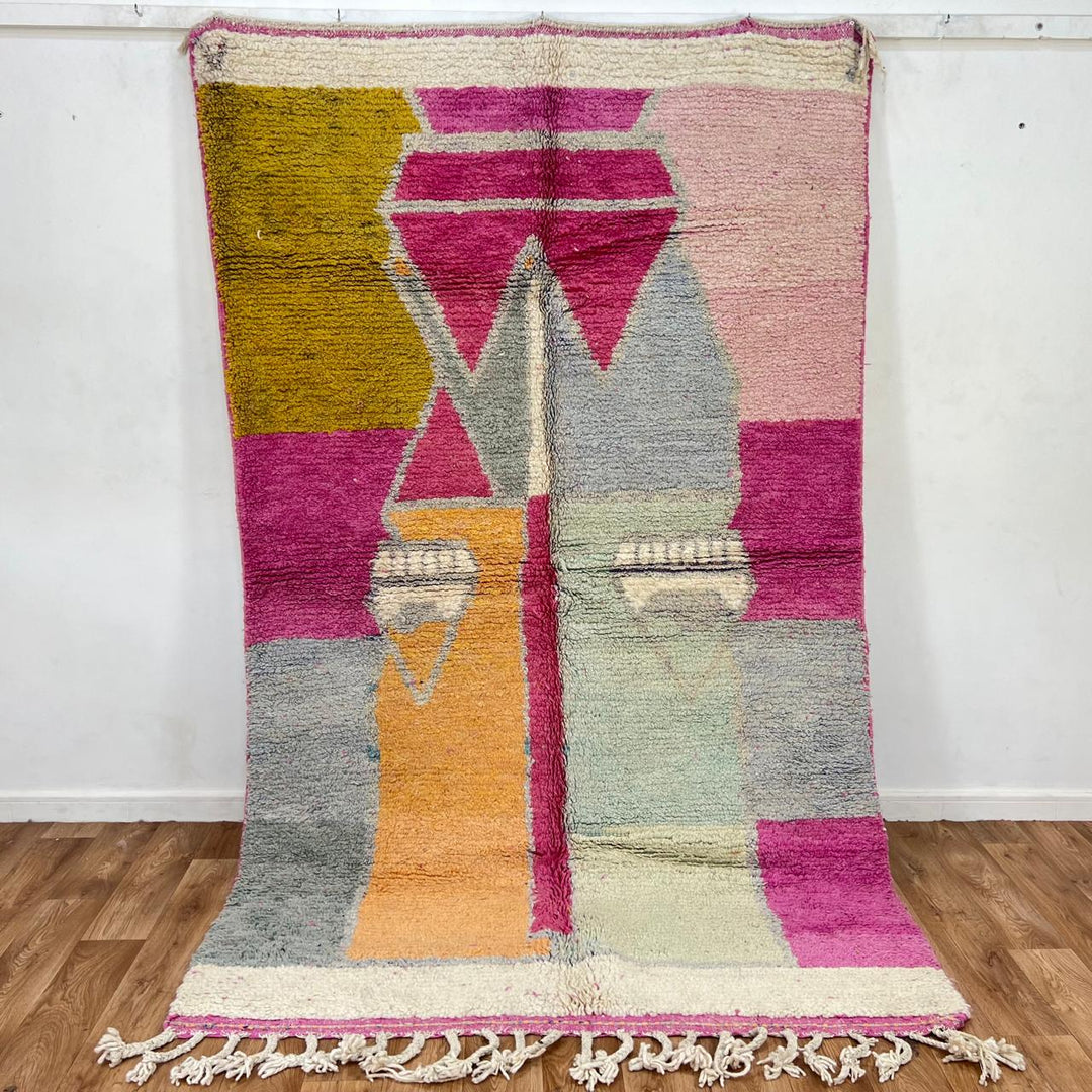 Vintage Moroccan wool rug 745 – handmade pink, mustard, and grey geometric wool Berber carpet, 251 × 173 cm (8.23 × 5.67 ft).
