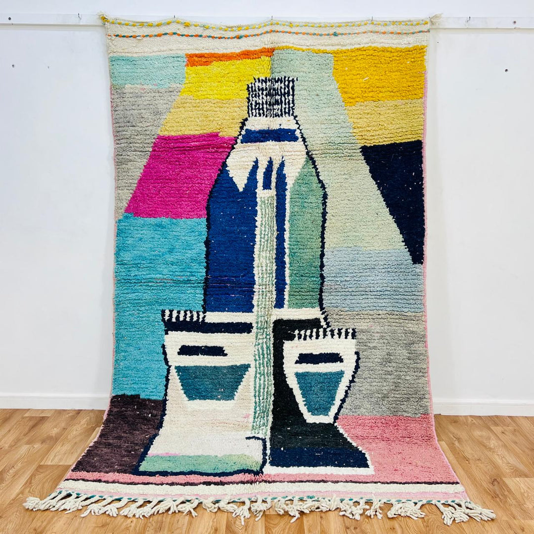 Vintage Moroccan wool rug 609 – handmade abstract blue, pink, and yellow color-block design, 260 × 165 cm (8.53 × 5.41 ft).