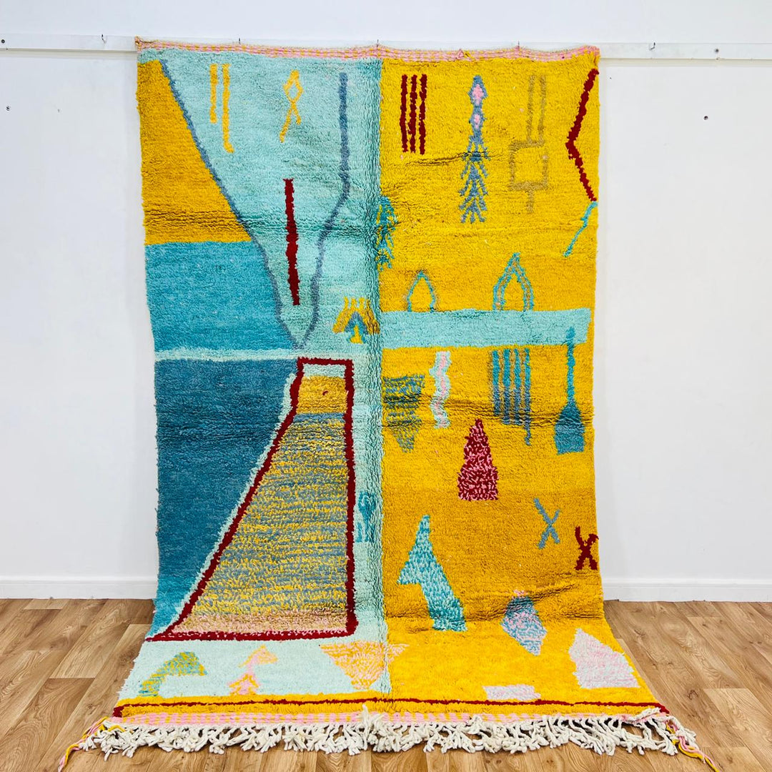 Vintage Moroccan wool rug 686 handmade Berber rug with yellow and blue abstract geometric design.