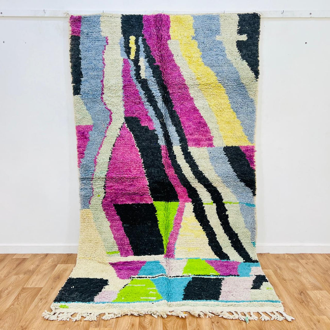 Vintage Moroccan wool rug 593 handmade Berber rug with colorful abstract geometric design in pink, green, and blue.