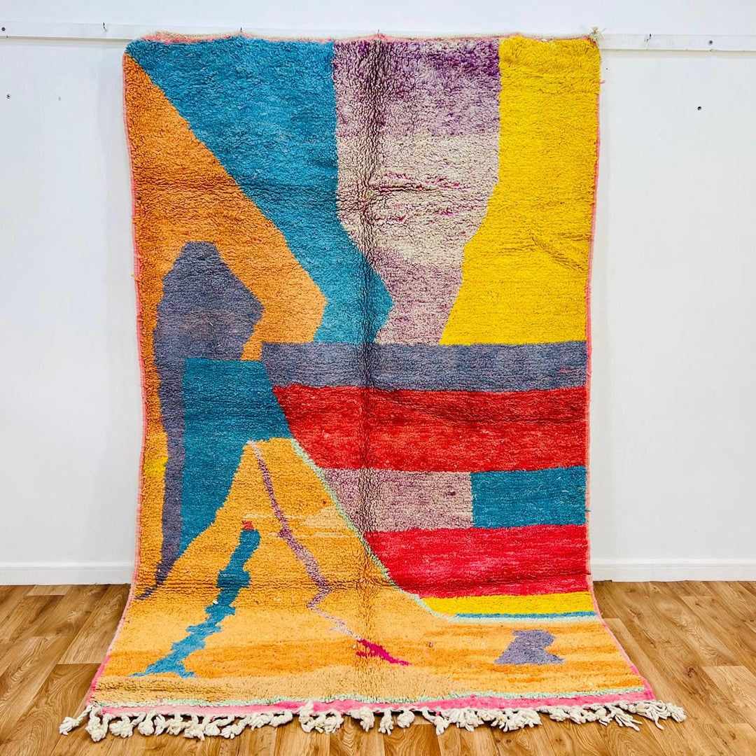 Vintage Moroccan wool rug 705 – handmade colorful abstract design with red, orange, yellow, and blue tones, 260 × 166 cm (8.53 × 5.44 ft).
