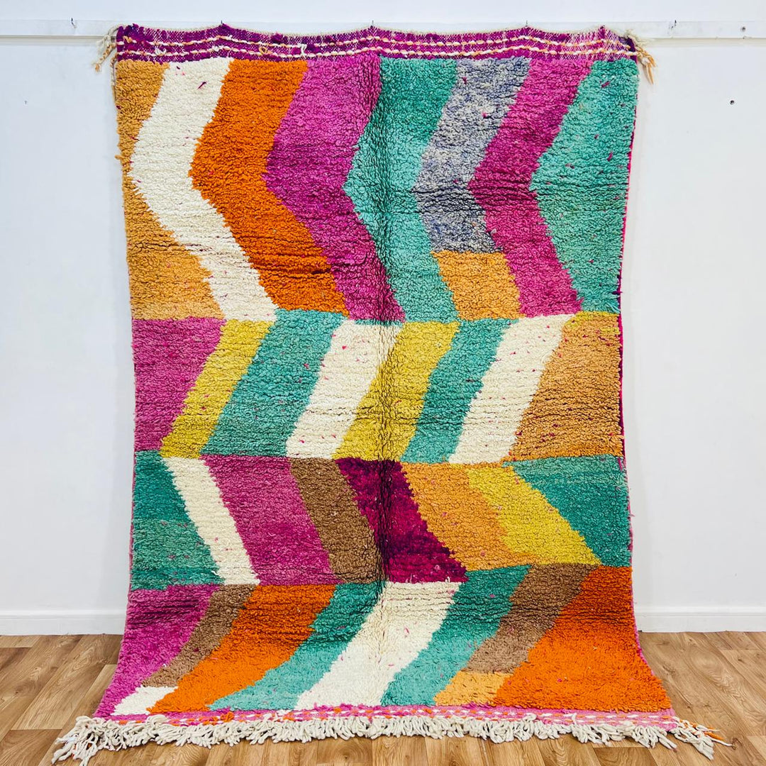 Vintage Moroccan wool rug 649 – handmade colorful chevron design with pink, orange, green, and yellow tones, 237 × 166 cm (7.77 × 5.44 ft).