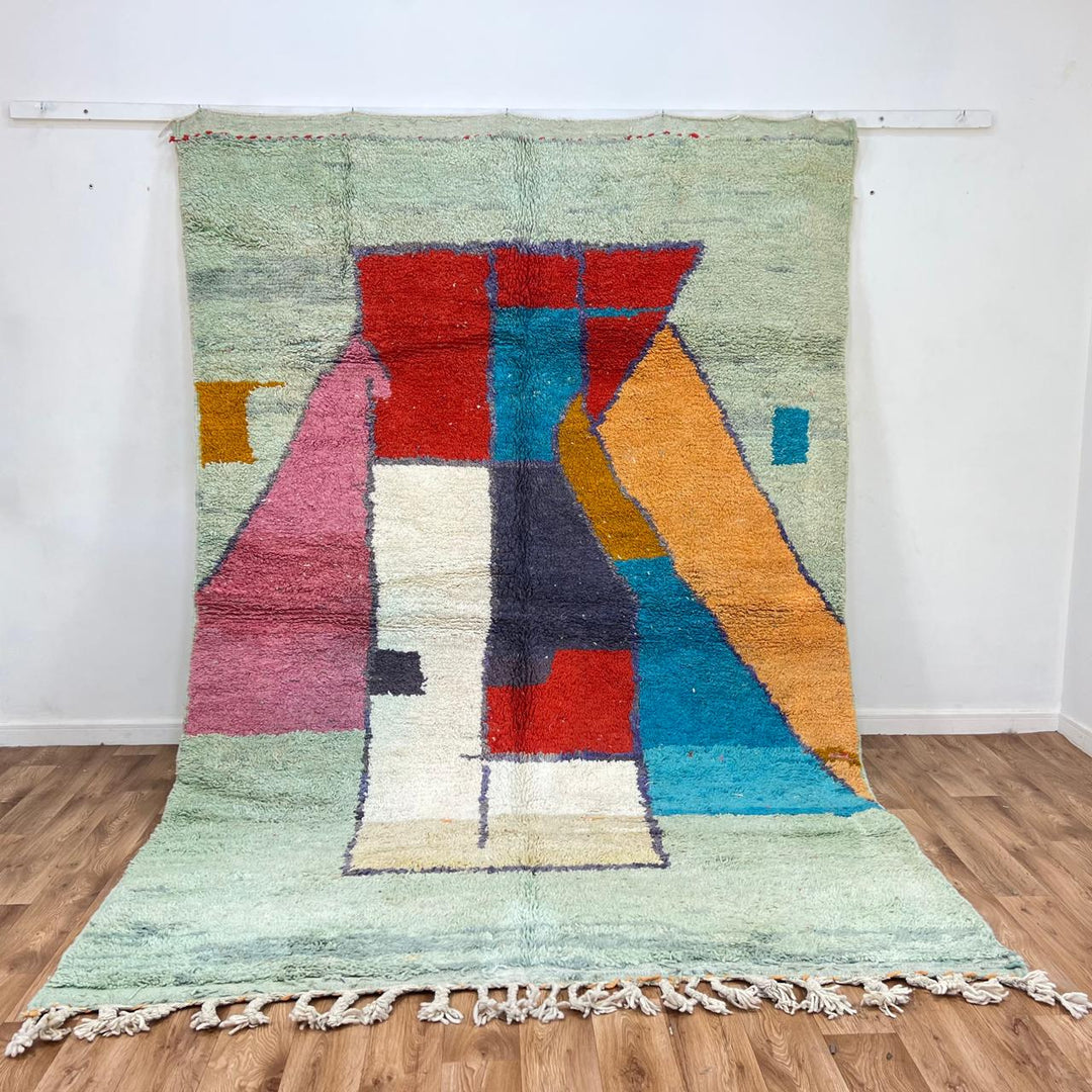Vintage Moroccan wool rug 859 – handmade colorful geometric wool Berber carpet with red, blue, and orange blocks, 301 × 201 cm (9.87 × 6.59 ft).