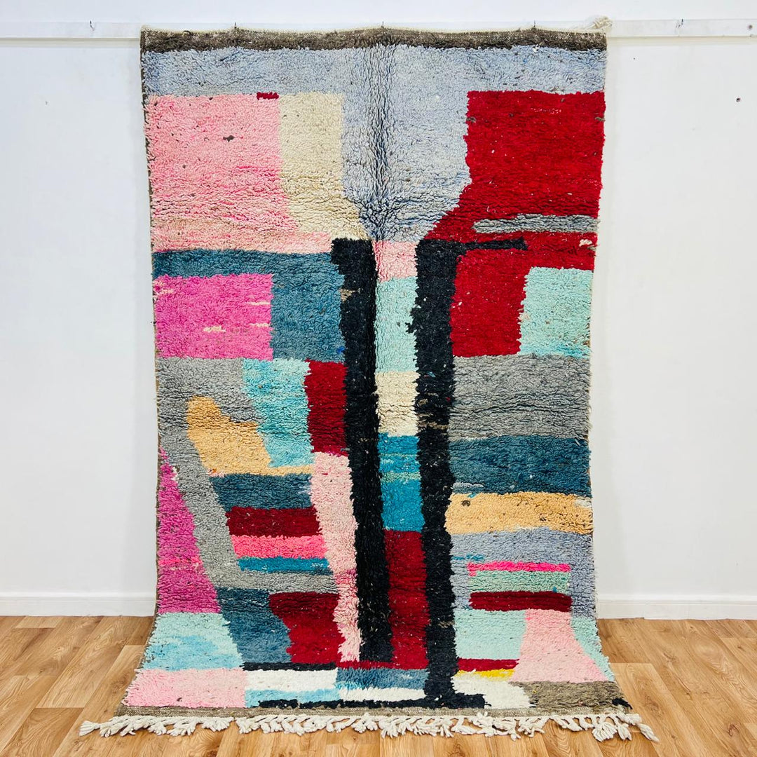Vintage Moroccan wool rug 665 – handmade colorful abstract design with red, blue, and pink blocks, 243 × 147 cm (7.97 × 4.82 ft).