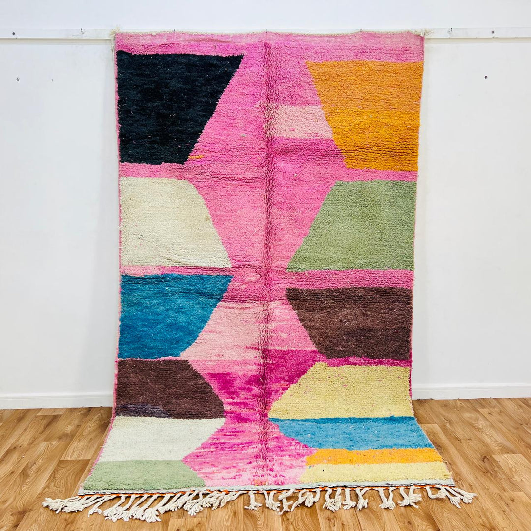 Vintage Moroccan wool rug 700 – handmade colorful geometric pattern in pink, blue, green, and yellow tones, 260 × 160 cm (8.53 × 5.25 ft).