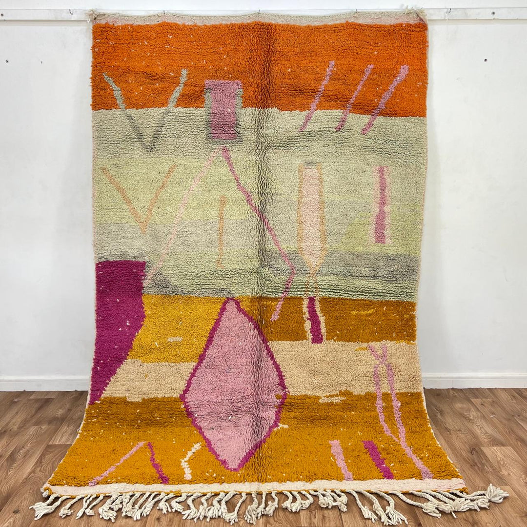 Vintage Moroccan wool rug 732 – handmade orange, pink, and mustard geometric wool Berber carpet, 258 × 155 cm (8.46 × 5.08 ft).