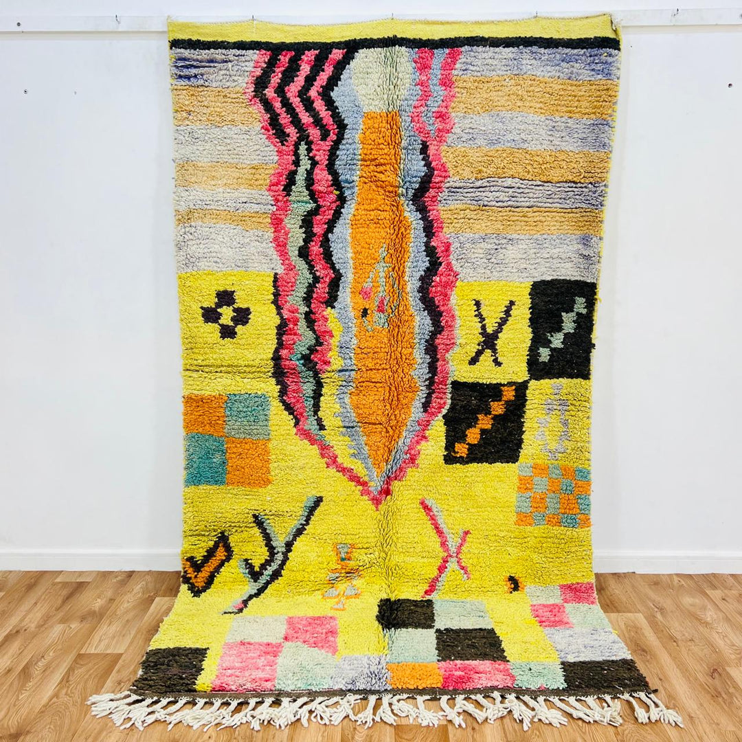 Vintage Moroccan wool rug 701 – handmade yellow, pink, and orange geometric Berber carpet, 250 × 160 cm (8.2 × 5.25 ft).