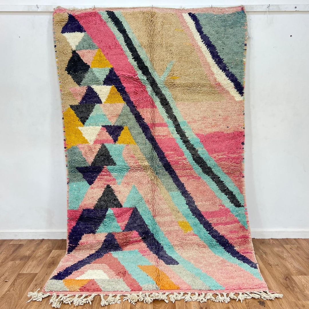 Vintage Moroccan wool rug 802 – colorful geometric Berber wool carpet in pink, aqua, and mustard tones, 256 × 156 cm (8.39 × 5.11 ft).