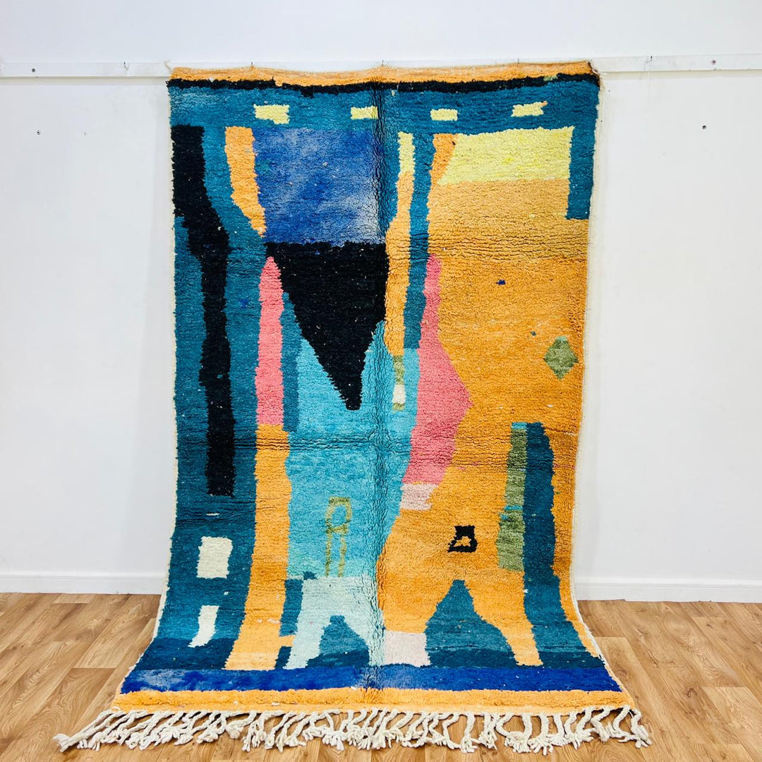 Vintage Moroccan wool rug 680 – handwoven with turquoise, mustard, and pink geometric patterns, 255 × 154 cm (8.36 × 5.05 ft).