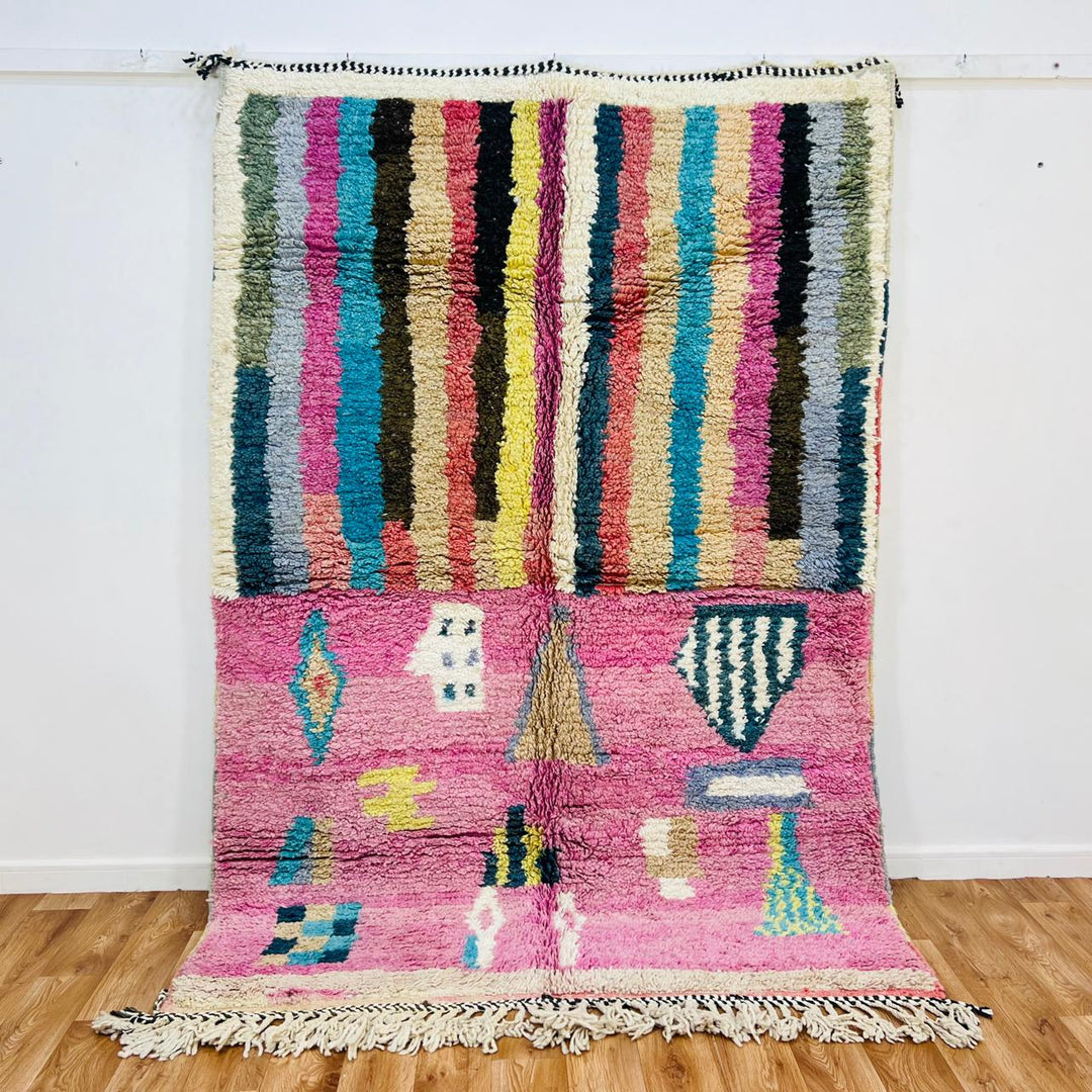 Vintage Moroccan wool rug 666 – handmade colorful pink, blue, and yellow Berber carpet, 236 × 163 cm (7.74 × 5.34 ft).
