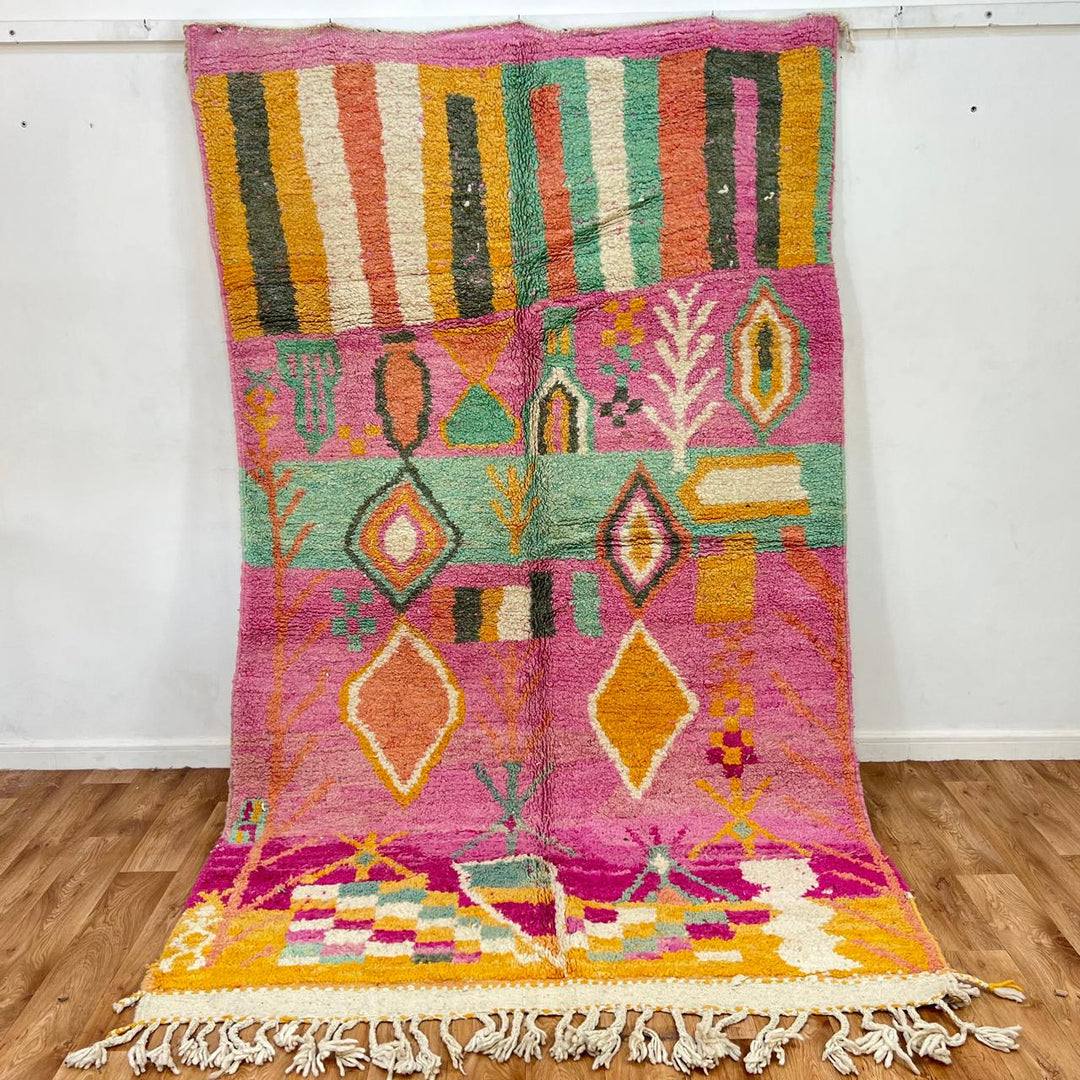 Vintage Moroccan wool rug 799 – handmade pink, yellow, and green Berber carpet, 213 × 167 cm (6.99 × 5.48 ft).