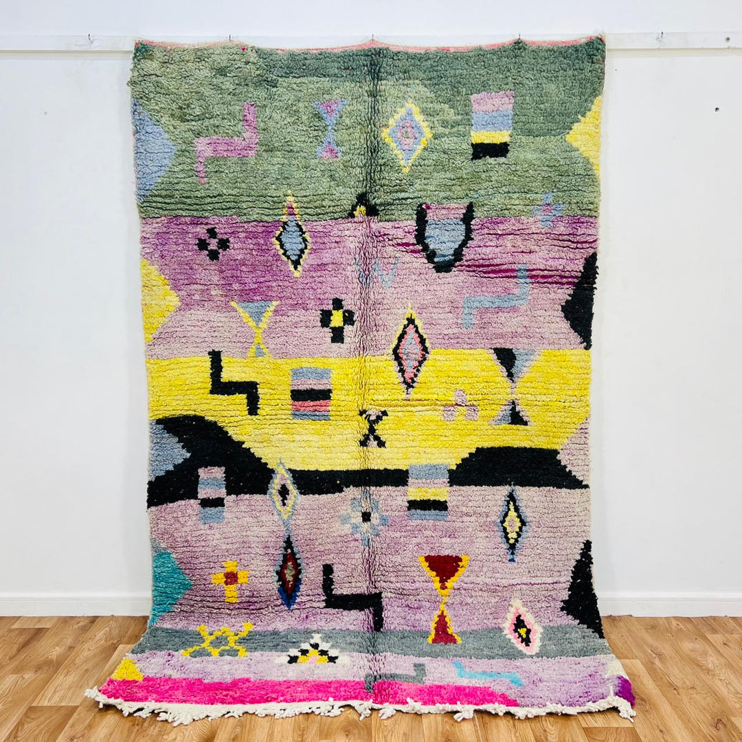 Vintage Moroccan wool rug 718 – handmade colorful abstract geometric Berber rug with pink, yellow, and green tones, 244 × 158 cm (8.0 × 5.18 ft).