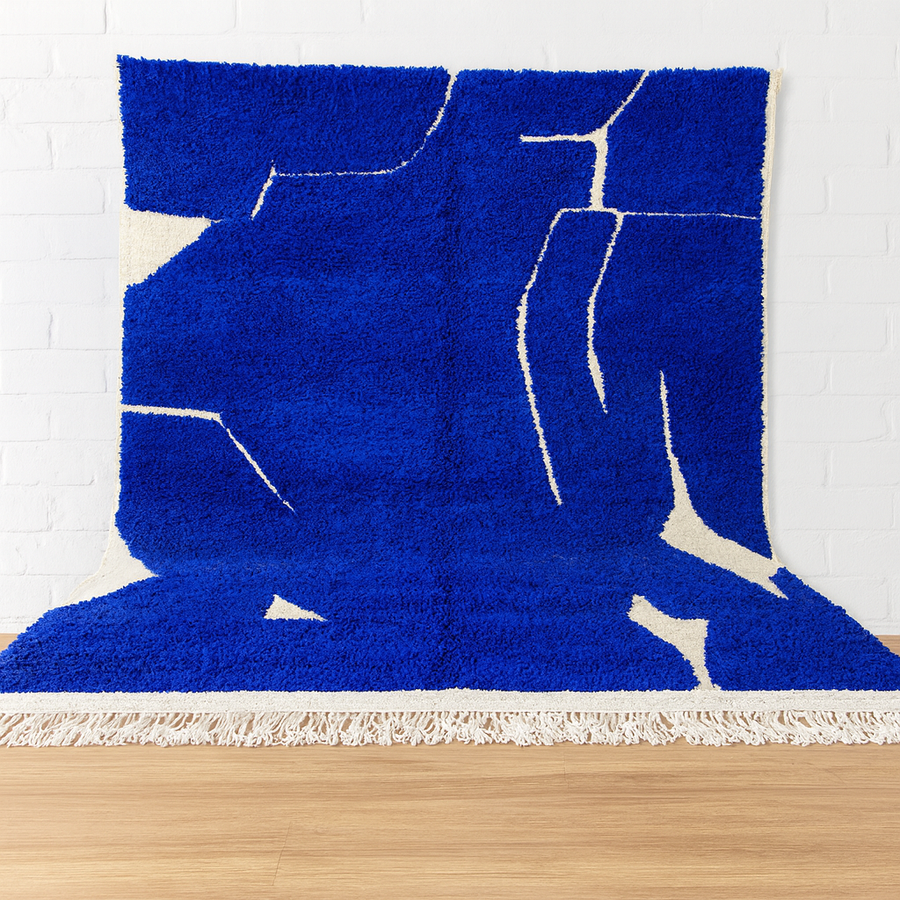 Blue Moroccan Rug – Handmade Wool Carpet with Deep Blue Tones and Traditional Berber Geometric Design from Morocco