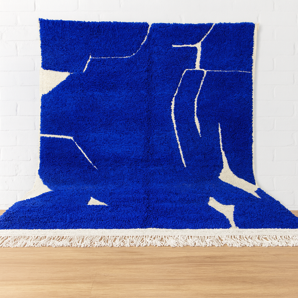 Blue Moroccan Rug – Handmade Wool Carpet with Deep Blue Tones and Traditional Berber Geometric Design from Morocco