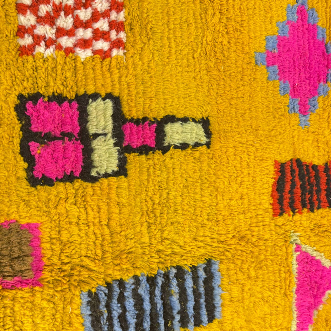 Yellow Moroccan Rug – Handmade Wool Berber Carpet with Colorful Motifs