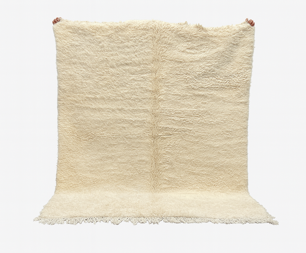 Beige textured rug with fringes on a white background