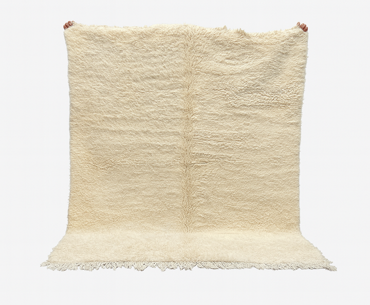 Beige textured rug with fringes on a white background