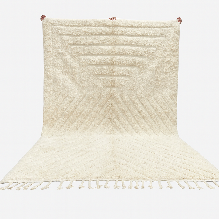 Beige woven rug with a chevron pattern on a white background