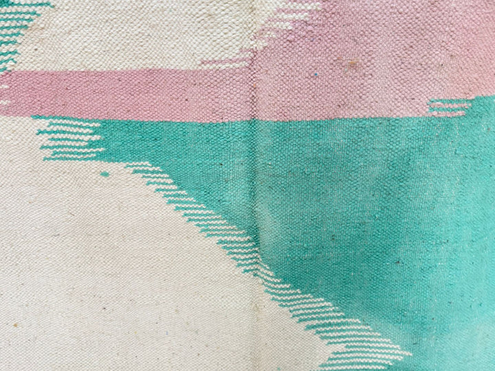 Flatweave Moroccan Rug – Abstract Turquoise & Pink Wool Carpet