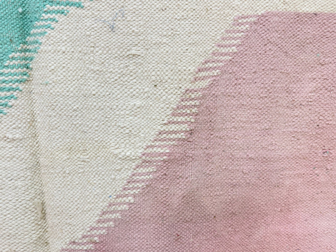 Flatweave Moroccan Rug – Abstract Turquoise & Pink Wool Carpet