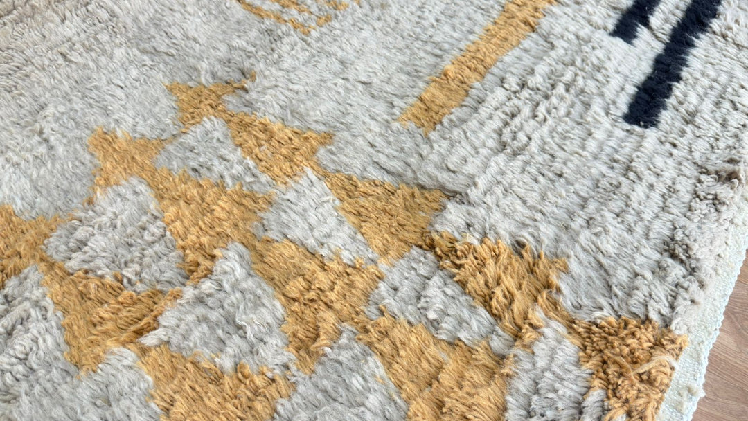 Custom  Modern Beni Mrirt Moroccan Rug – Mustard & Black Wool