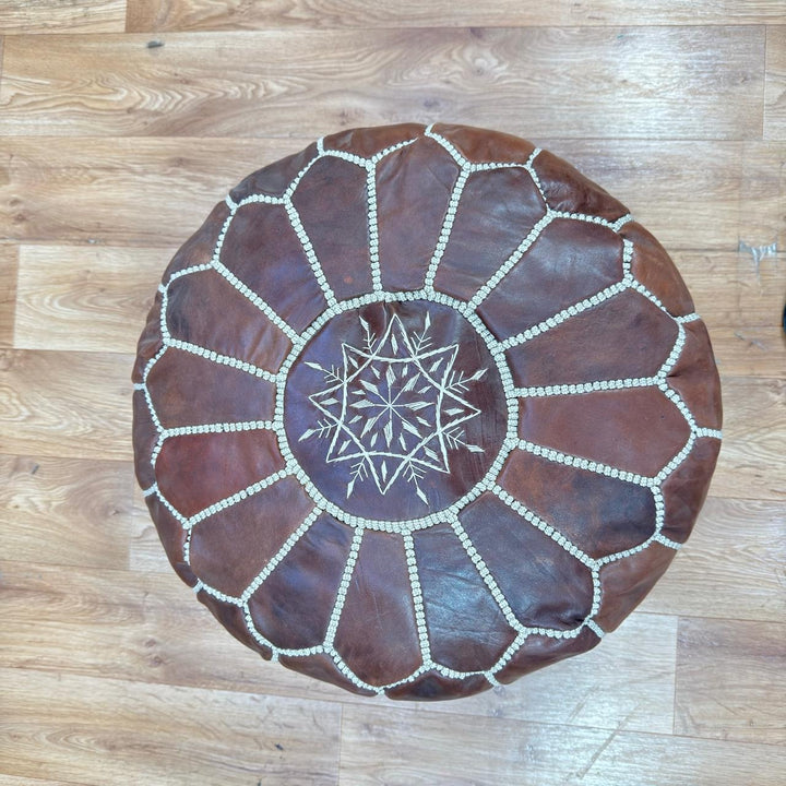 Handmade Genuine Moroccan Leather Pouf – Brown Berber Ottoman