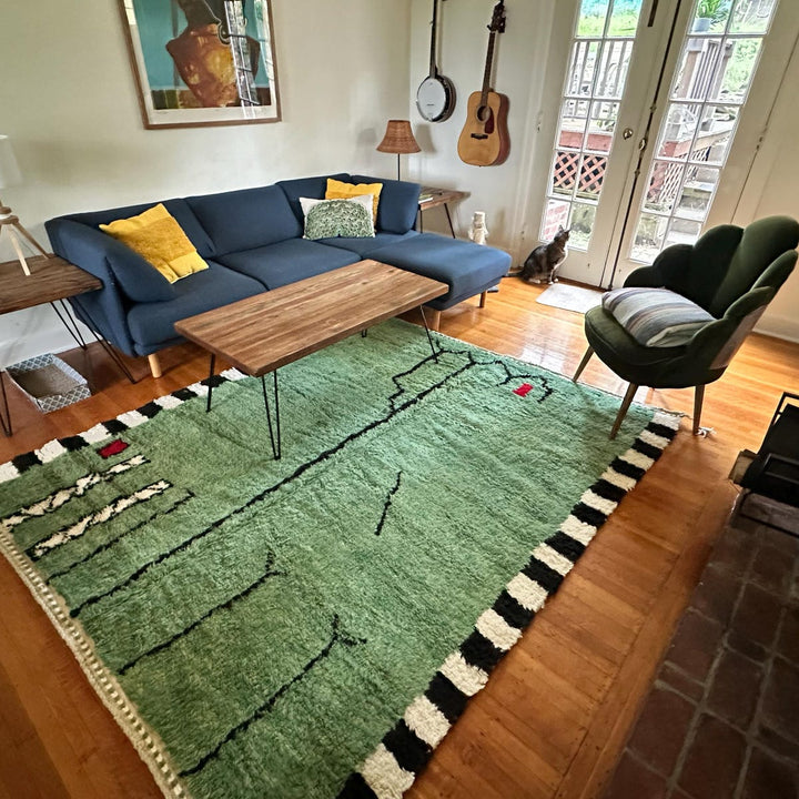 Living room with a green patterned rug, blue sofa, and wooden coffee table.