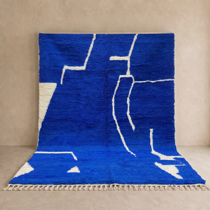 blue moroccan wool rug with minimal berber abstract line pattern handmade