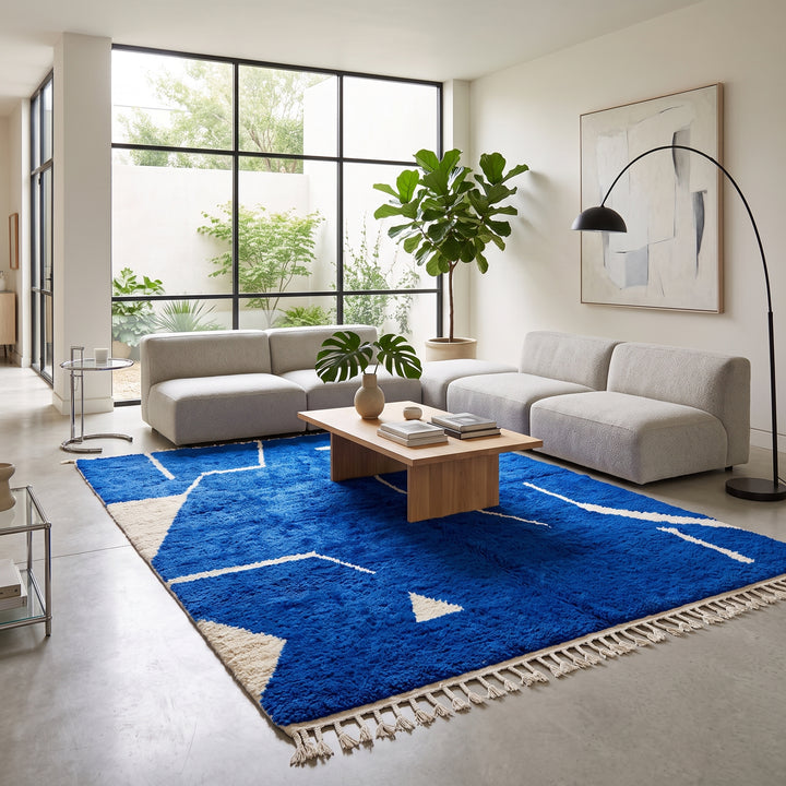 blue moroccan wool rug with minimal berber abstract line pattern handmade